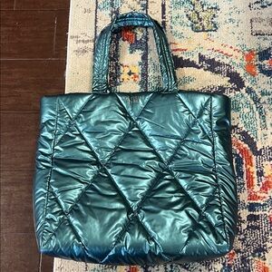 Victorias Secret metallic puffer tote bag aqua blue